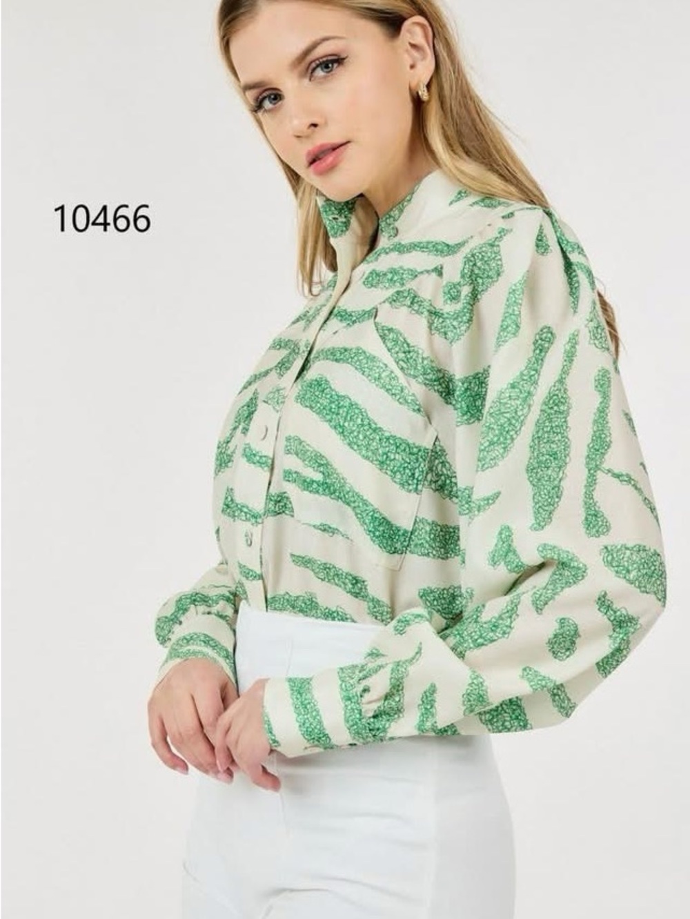 Printed Green Stripe Button-Front Blouse - Women